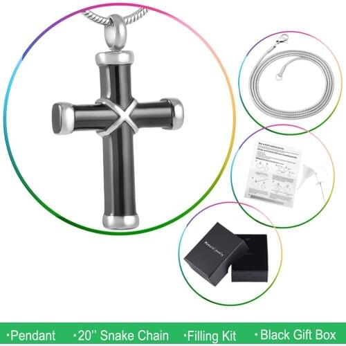MJD8350 Charm Mens Black Cross Urn Necklace Memorial Ashes Keepsake Cremation Pendant +Free 20 Inch Chain +fill kit