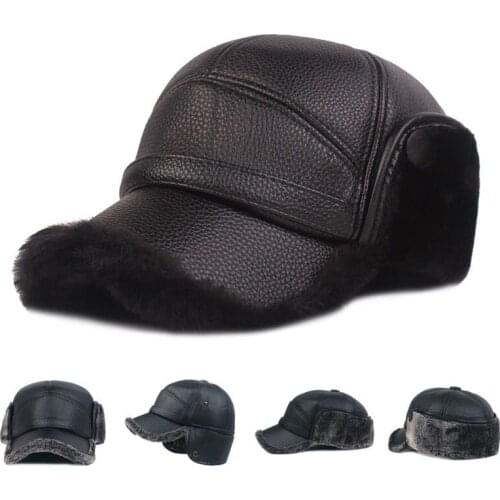 Mens' Leather Hat Winter Warm Trapper Outdoor Hunting Ear Flap Baseball Cap with Brim FS99