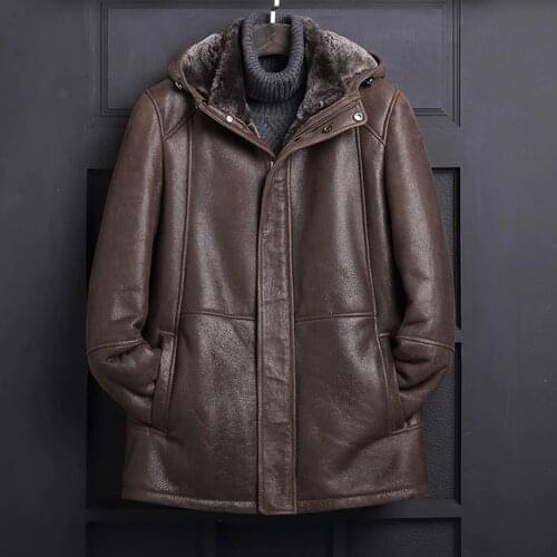 Mens B3 Shearling Jacket Coat Mens Hooded Jacket Mens Winter Middle-Aged Thick Coat