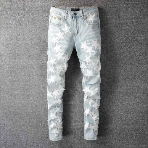 KIOVNO Mens Star Patches Streetwear Jeans Ripped Stretch Denim Trousers Washed Skinny Pants