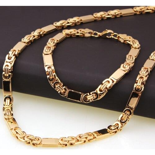 New Arrive Mens Gold Color Stainless Steel Handmade Flat Byzantine Necklace Bracelet Set 6mm 8.66"+21.6"