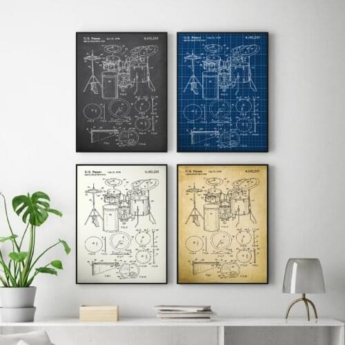 Music Instruments Patent Vintage Posters and Prints Drummer Gift Drum Blueprint Art Canvas Painting Music Studio Wall Decor