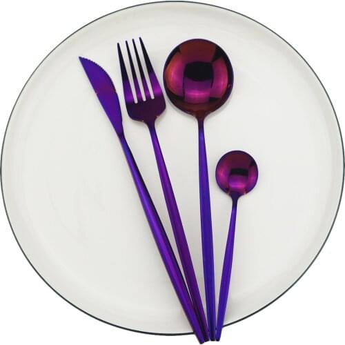 Shiny Purple Dinnerware Set Korean 304 Stainless Steel Tableware Set Fork Knife Spoon Cutlery Set Home Party Silverware Set