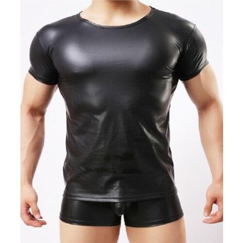 Hot Sale Man Black Faux Leather Sexy Simple Vinyl Lingerie Short Sleeve Top Vinyl Men Sleepwear Erotic Underwear Set XL WT5791