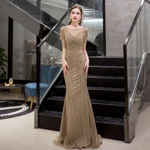 New Fashion 2020 Evening Dresses Long Delicate Beaded Short Sleeves Trumpet Evening Gown for Party