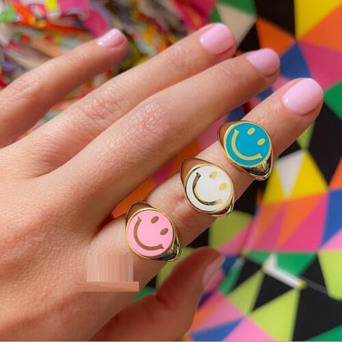 Wholesale new Gold Plated Rainbow Neon Enamel Smile Face Smiley Open Rings Women Girl Cute lovely Geometric round finger Jewelry