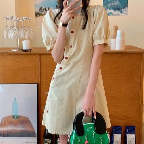 Dress French Round Neck Puff Sleeve Short Sleeve Dress Women Summer New Style Skirt Korean High Waist Thin Skirt