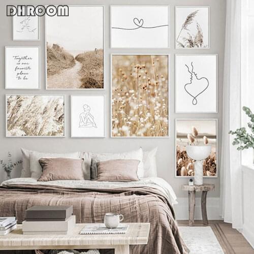 Scandinavian Nature Landscape Poster Nordic Countryside Weed Canvas Print Abstract Line Couple Wall Art Painting Home Decor