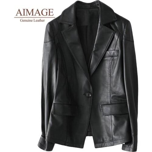 Spring women skin genuine leather coats one button female chic jacket pockets luxury real leather turn collar overcoats PY009