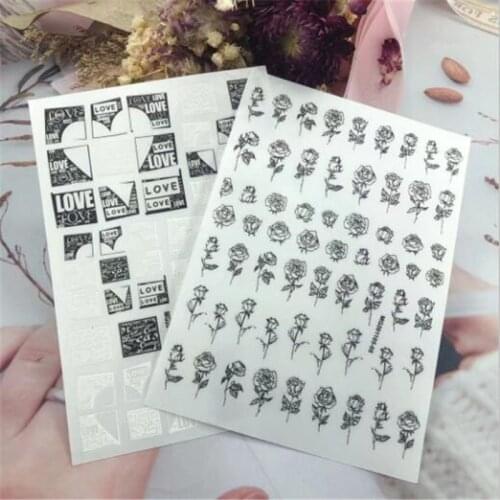 High Quality Hot Selling Fashion 3d DIY Nail Stickers Black&White Roses Heart Shape English Words Fingernail Decals Manicure