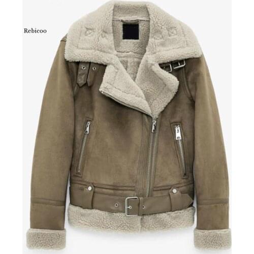 Winter New Women Thick Warm Vintage Suede Lambswool Biker Jackets Coat Chic Sashes Casual Loose Faux Leather Outwear Tops Female