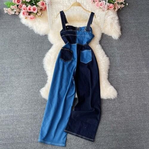Womens Spring Autumn Runway Fashion Contrast Color High Waist Blue Denim Pants Overalls TB484