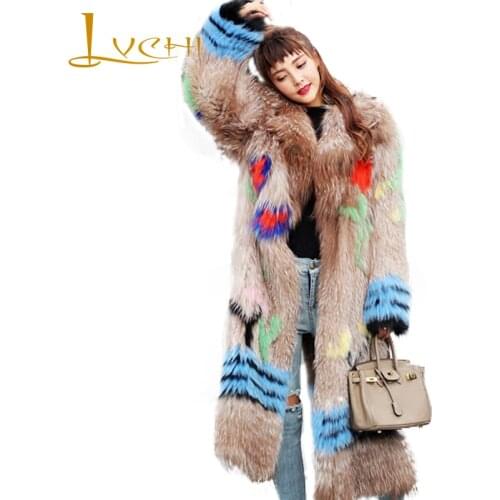 LVCHI Winter 2019 Contrast Color Real Fox Fur Coats Real Natural Fox Fur Coat Womens Gradient Mandarin Collar X-Long Fox Coats