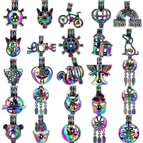 1X Rainbow Beads Cage Dog Angel Bike Insect Love Dream Catcher Locket Perfume Diffuser Oyster Pearl Cage for Pendant