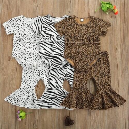 2Pcs Baby Summer Outfits Polka Dot/Zebra/Leopard Print Short Sleeves Romper + Flared Trousers for Toddler Girls 0-18 Months