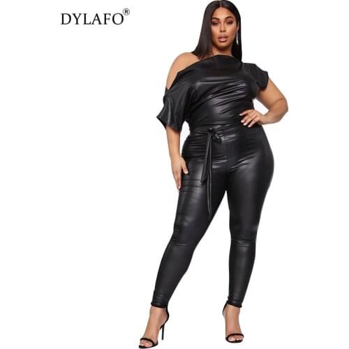 2020 Sexy PU Jumpsuits Rompers Bodycon Short Sleeve Slim Fit One Shoulder Black Romper Skinny Sashes Bodysuit Overalls Femme