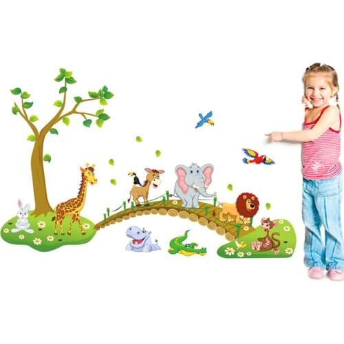3D Cartoon Jungle wild animal tree bridge lion Giraffe elephant birds flowers wall stickers for kids room living room decoration