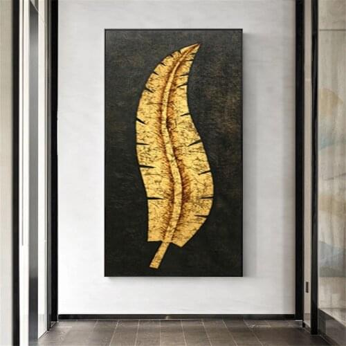 Handmade Large LONG Retro Style Painting Black Gold Leaf Oil Painting Hand Painted Office Home Wall Art Textured Canvas Art