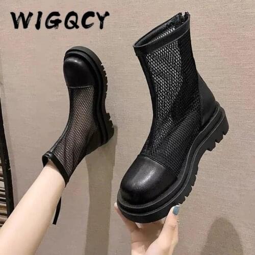 Mesh Boots Women Summer Fashion Lace Up Ankle Boots Woman Shoes Black Sandals Hollow Breathable Zipper Platform Socks Boots