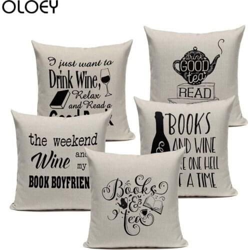 Home Sofa Square Book Tea Coffee Wine Cushion Cover Cotton Linen Decorative Pillowcase Chair Seat Letter Slang Pillow Cover