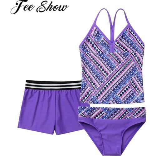 3Pcs Kids Girls Brazilian Swimwear Bathing Suits Spaghetti Straps Swimming Vest Top and Briefs Bottoms Set Beach Bikini Swimwear