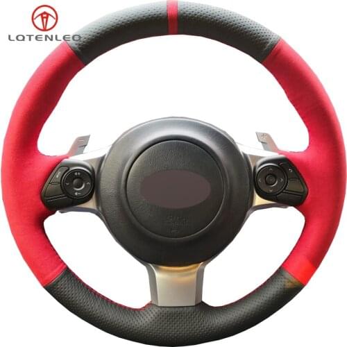 LQTENLEO Black Genuine Leather Red Suede Car Steering Wheel Cover For Toyota 86 2016-2019 Yaris 2016-2019 Subaru BRZ 2016-2019