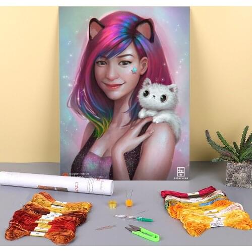 Cartoon Girl Woman Printed Fabric 11CT Cross-Stitch DIY Embroidery Complete Kit DMC Threads Handicraft Handiwork Different