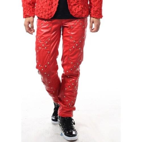 Stage personality men leather pants casual pu pant men feet trousers singer dance rock fashion black pantalon homme rivet punk