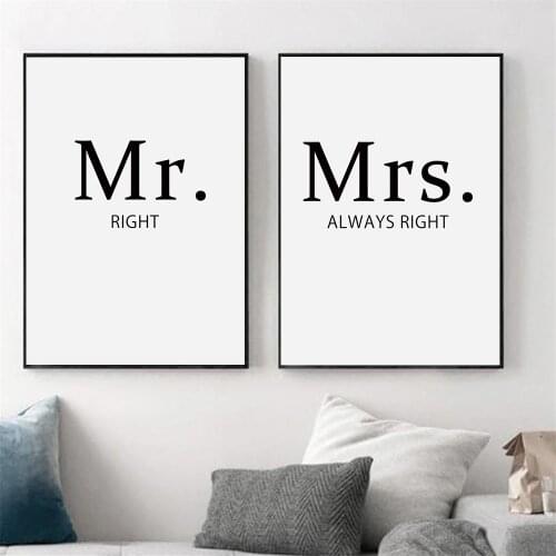 Mr&Mrs Quotes Wall Art Prints And Posters Always Right Couples Love Word Canvas Painting Minimalist Pictures Living Room Decor