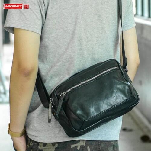 New Mens Leather Shoulder Bag Head Layer Cowhide Mini Casual Small Satchel Handmade Fashion Messenger Bags Black Yellow Cowhide