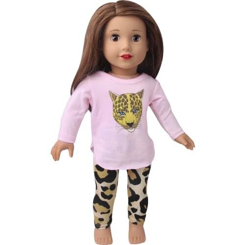 18 Inch American Doll Girls Clothes Casual Pink Leopard Print Suit Born Baby Toys Accessories Fit 43 Cm Boy Dolls Gift D9
