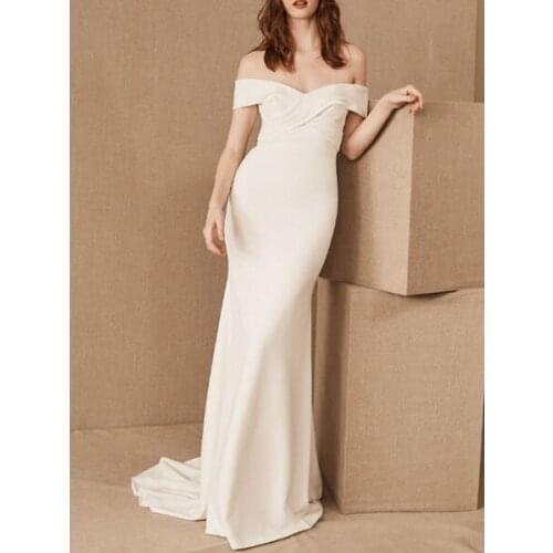 Simple Wedding Dresses Satin Off The Shoulder Pleated Floor Length Chapel Train Bridal Dress