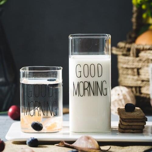 Square Letters Printed Transparent Glass Cup Coffee Tea Drink Dessert Breakfast Milk Cup Glass Mugs With Handle Drinkware