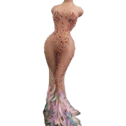 Pink Pearl Decoration Perspective Gauze Dress Floor-Length Sleeveless Performance Clothing Feather Birthday Party Dress