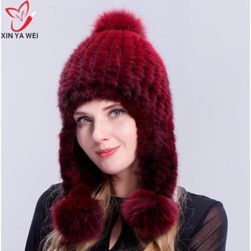 Real fur pom pom hat womens knitted mink hat,ladies hats fur caps , womens winter hats and caps real fur hats