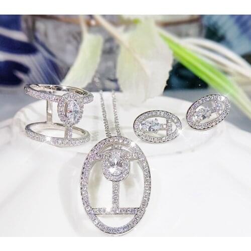 2021 Sale Solid 925 Sterling Silver Jewelry Set Clear CZ Oval Double Layer Ring Classic Stud Earrings Fashion Necklace Chain