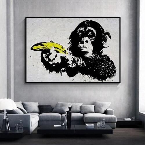 Funny Monkey Posters and Prints Monkey Holding Banana Gun Canvas Painting Banks Wall Art Canvas Picture Modern Home Decor Mural