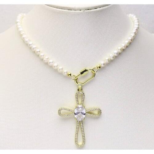 5Strand pearl Necklace Cross pendant Necklace Handmade jewelry necklace Women necklace fashion jewelry Gift 8320