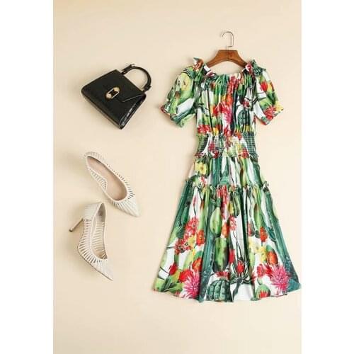 Womens American European and clothing 2021 summer new style Short - sleeved one-line collar Cactus print fashion dress