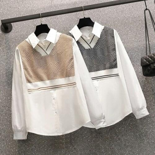 Knitted Stitch Striped Long Sleeved Plus Size Korean Autumn Elegant Fashion Blouses And Tops WomenS Oversize Shirt Clothes 2021