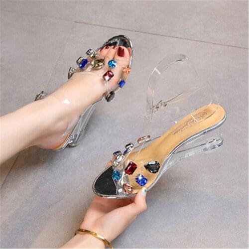 Women Outdoor Slippers Sandals 2021 Fashion Rhinestone Summer Ladies Crystal High Heel Mules Color Diamond Eu Size 34-43 Silver