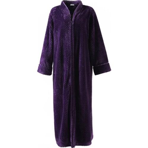 Womens Flannel Robe Zipper Front Robes Full Length Fleece Warm Robe Fluffy Long Bathrobe Plush Night Dressing Robes for Womens