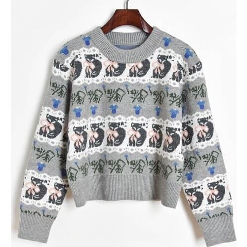 2020 Loose Cropped Sweater Women Thick Pullover O-Neck Contrast Color Bow Fox Jacquard Knitted Thick Sweater Women Jumpers