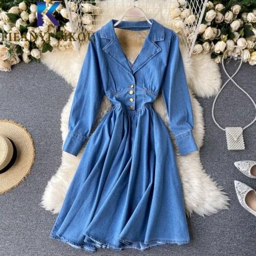 Blue Denim Dress Women Sexy Backless Hollow Out Long Sleeve Lapel Midi Long Dress Spring Ladies High Waist Loose Jeans Dresses