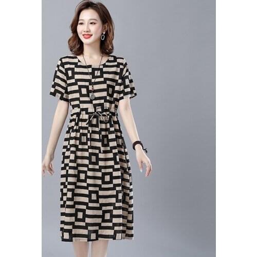 Women Summer Cotton Linen Casual Dress New 2021 Simple Style O-neck Print Loose Comfortable Ladies A-line Long Dress B084