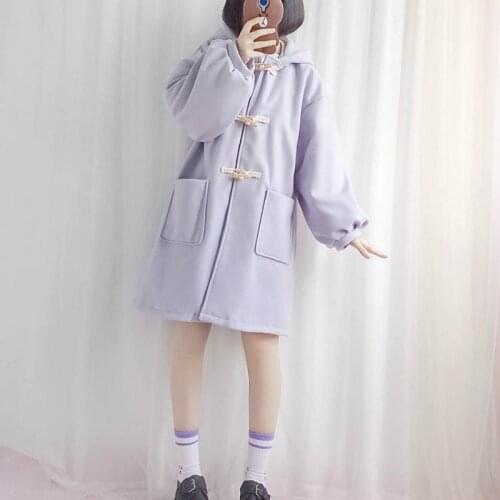 Winter Wool Coat Women Sweet Long Oversize Trench Coat Female Casual Loose Japanese Style Kawaii Horn Button Outwears