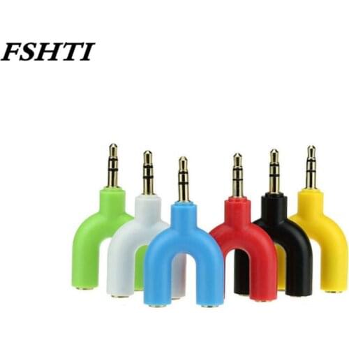 200PC Free shipping Earphone Splitter 3.5mm Audio Converter 1 Male To 2 Female U Shape Stereo 2 Way Headphone Adapters Converter