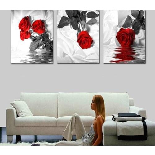3 Panels Red Rose Paintings Wall Art Canvas Picture Paint Modern Living Room Decorative Painting Unframed