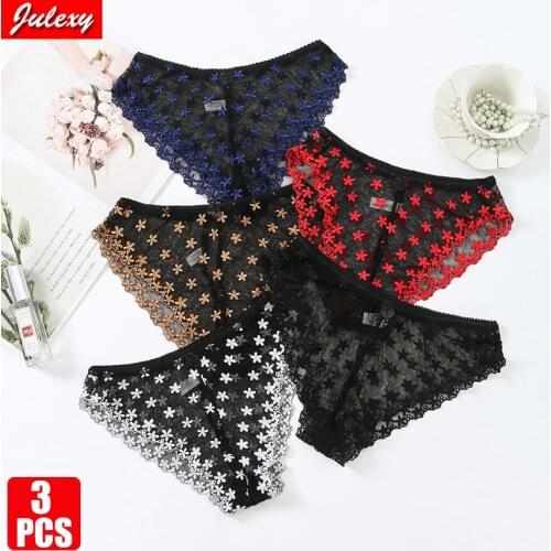 3pcs Julexy hollow out lace sexy women panties embroidery female underwear lingerie Black White Red Blue cotton panties