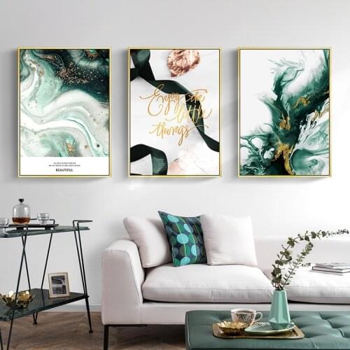 Abstract Canvas Painting Green Agate Golden Leaf Nordic Posters and Prints Wall Art Pictures for Living room Modern Home Decor